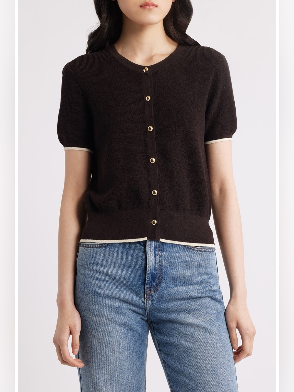 rag & bone dina tipped short sleeve cotton blend cardigan button up sweater L